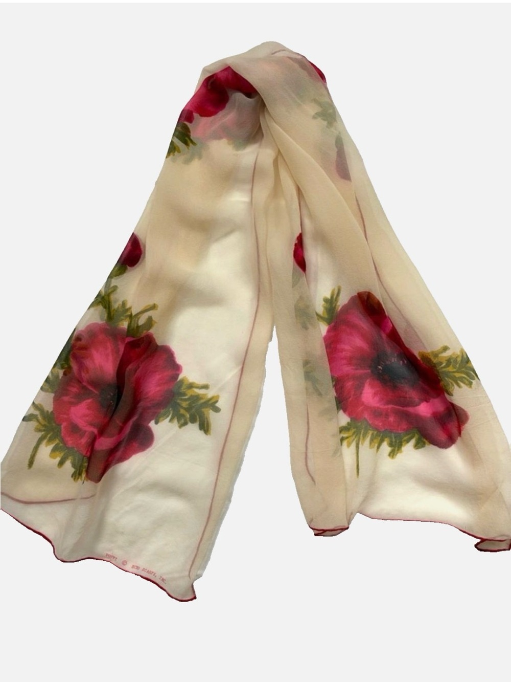 Echo Design Sheer Poppy Floral Scarf Ivory Red Oblong Wrap Romantic Spring